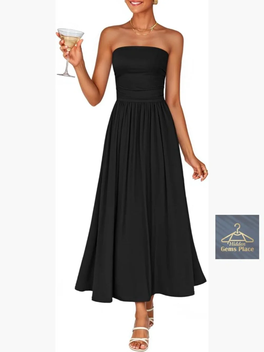Sleeveless Strapless Ruched A-Line Midi Dress Flowy Wedding Guest